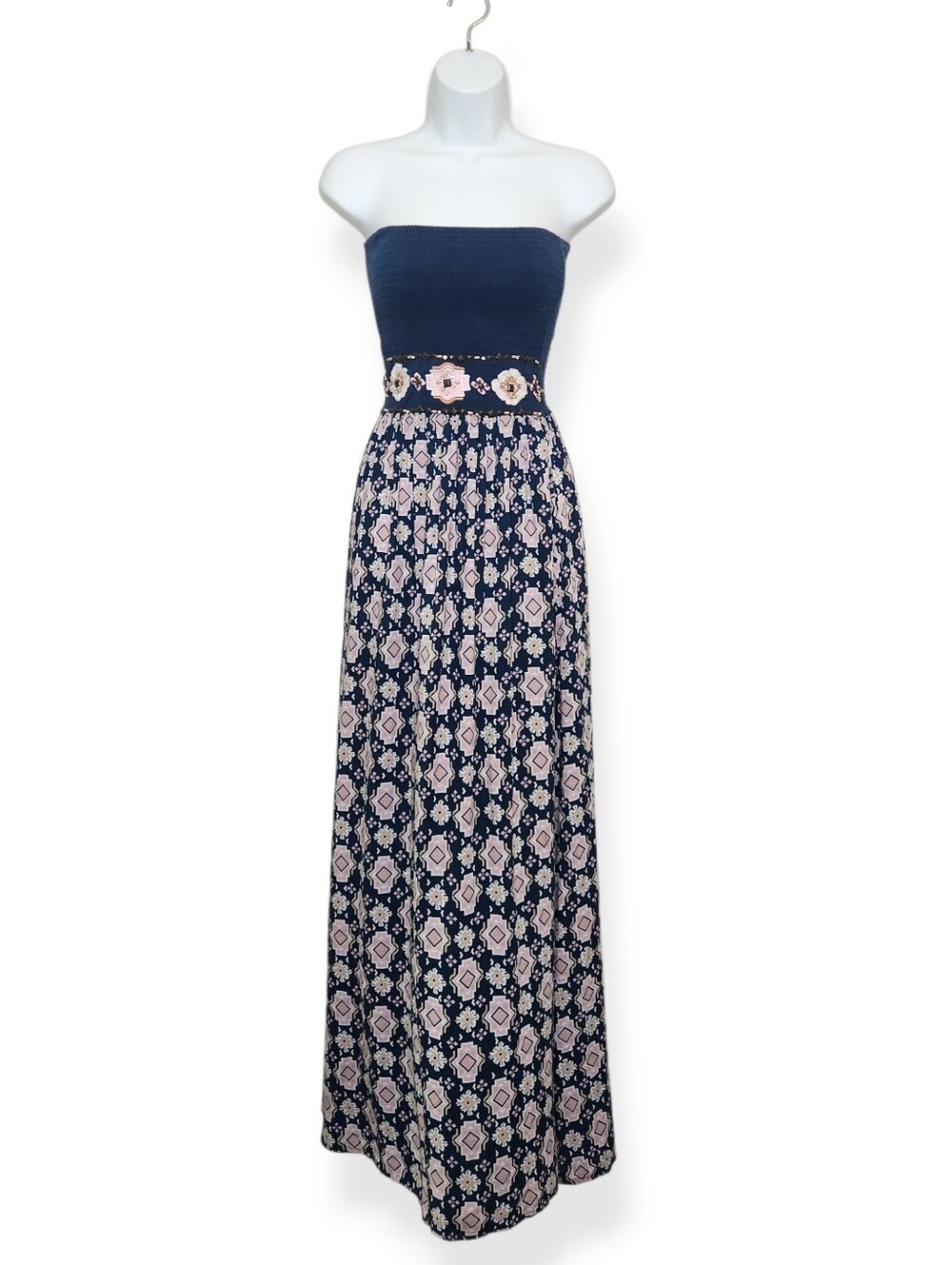 Skemo Navy Blue Strapless Stretch Top Embellished Stretch Waistband Maxi Dress S
